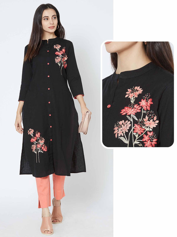 Floral Placement Embroidered Kurta - Black - Indiakreations