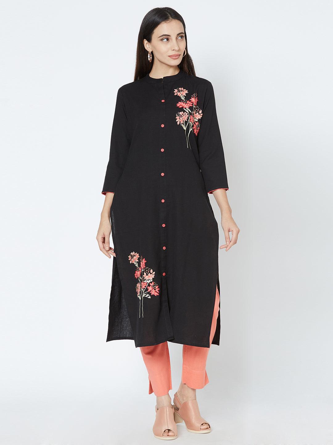 Floral Placement Embroidered Kurta - Black - Indiakreations