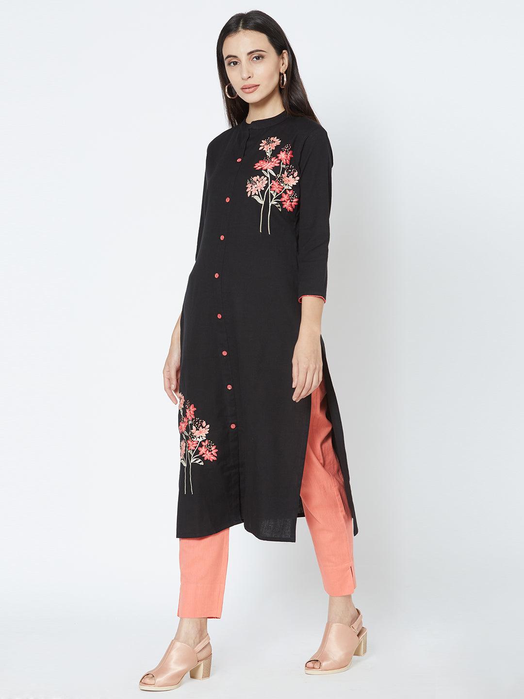 Floral Placement Embroidered Kurta - Black - Indiakreations