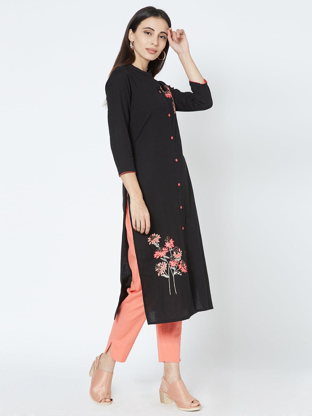 Floral Placement Embroidered Kurta - Black - Indiakreations