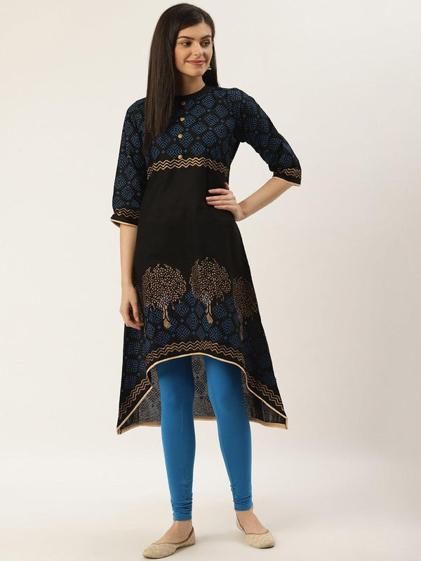 Women's Black & Golden Block Print A-Line Kurta - Noz2Toz - Indiakreations