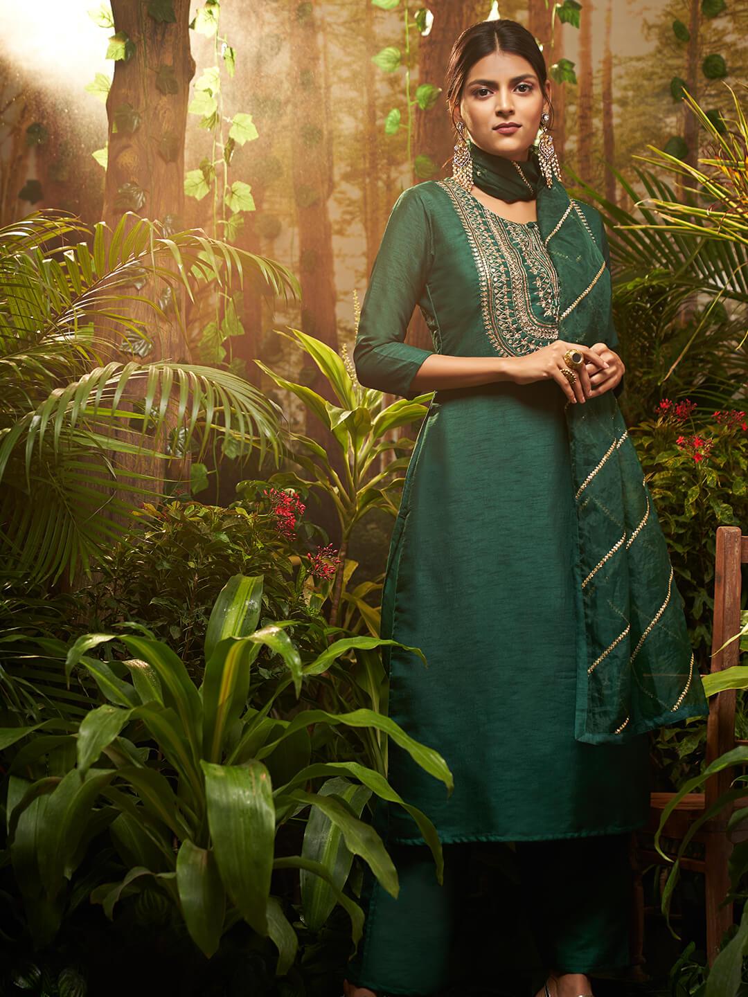 Heavy Embroidered Yoke with Solid Ankle Pant with embroidered Dupatta – Green - Indiakreations