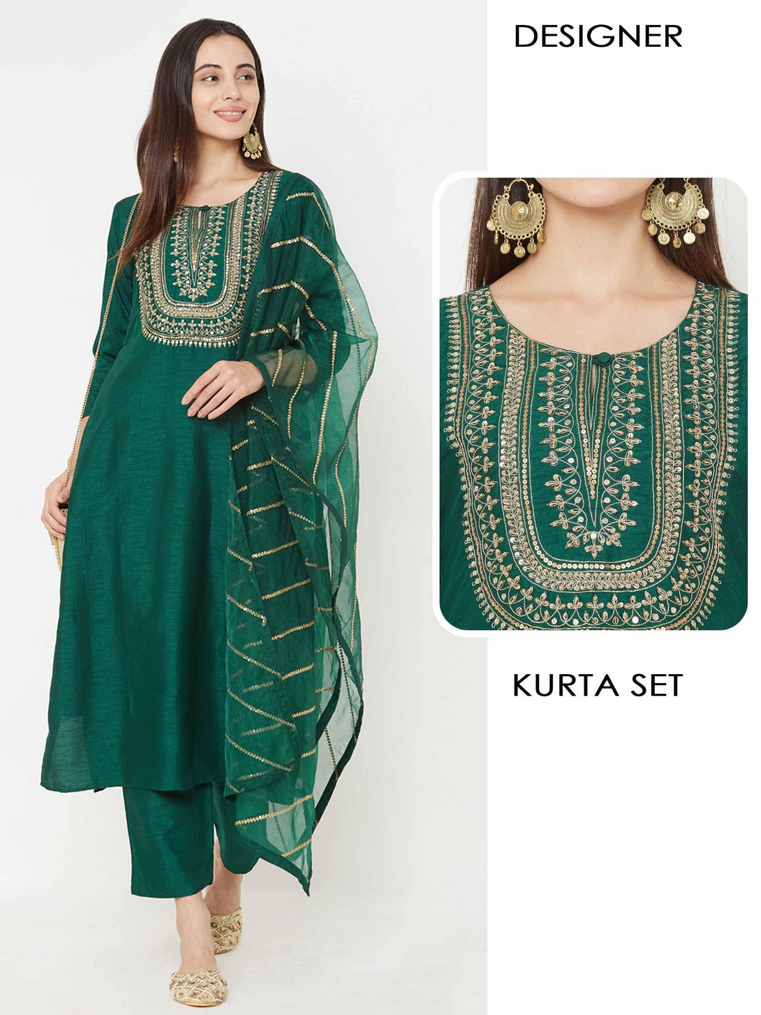 Heavy Embroidered Yoke with Solid Ankle Pant with embroidered Dupatta – Green - Indiakreations