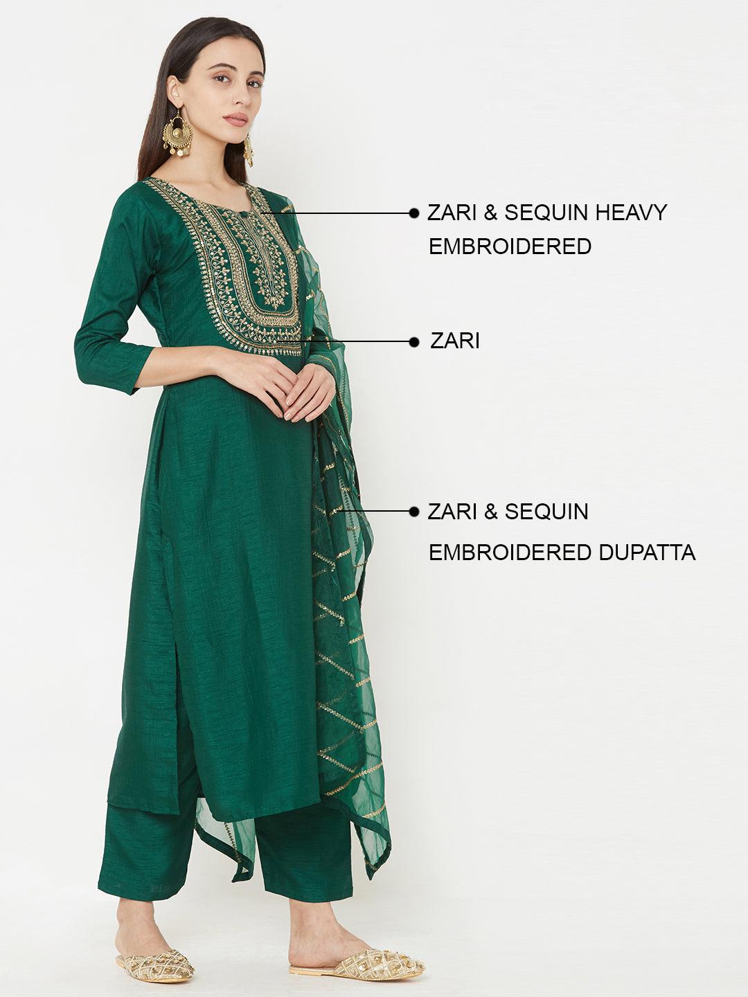 Heavy Embroidered Yoke with Solid Ankle Pant with embroidered Dupatta – Green - Indiakreations