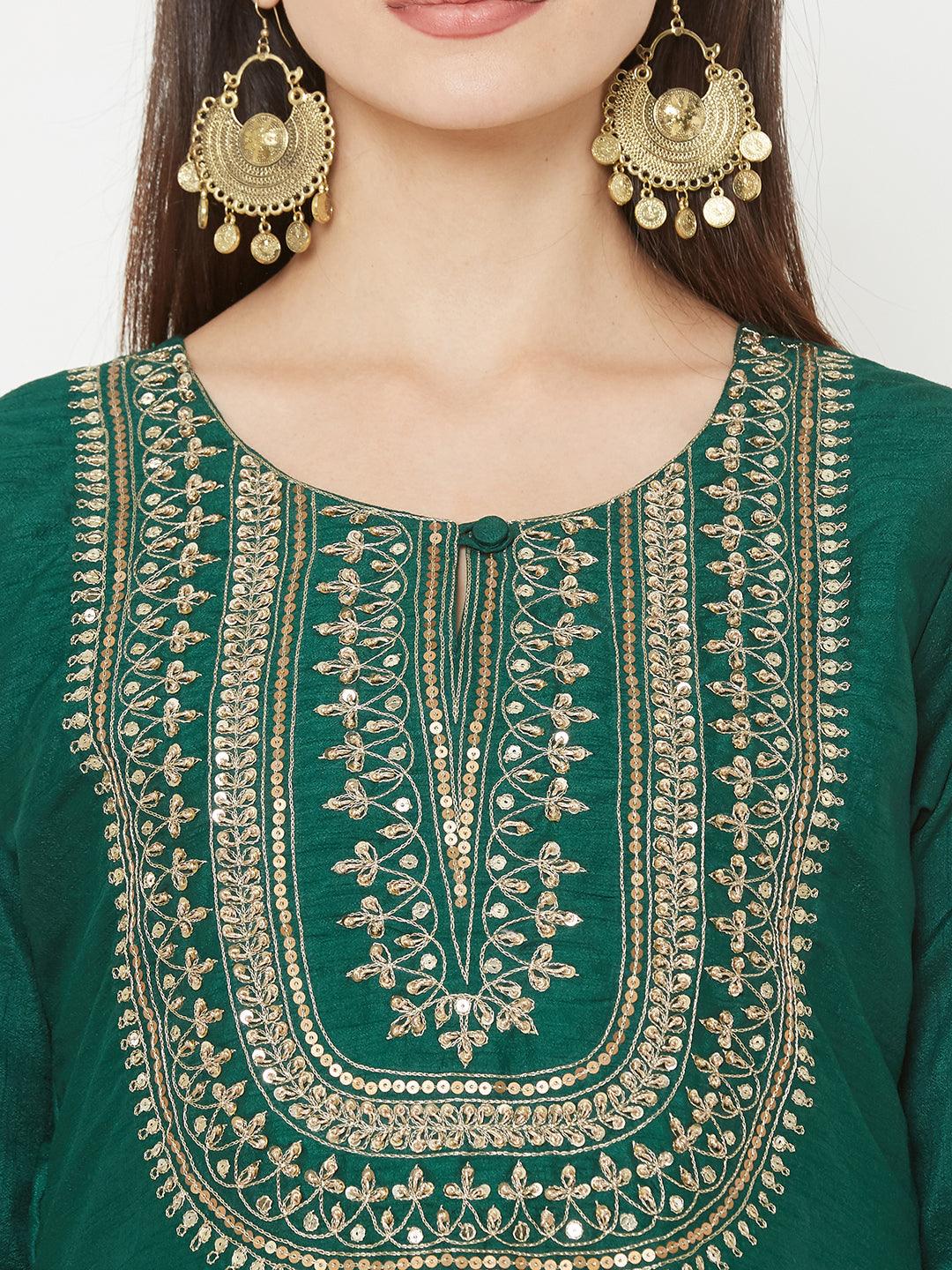 Heavy Embroidered Yoke with Solid Ankle Pant with embroidered Dupatta – Green - Indiakreations