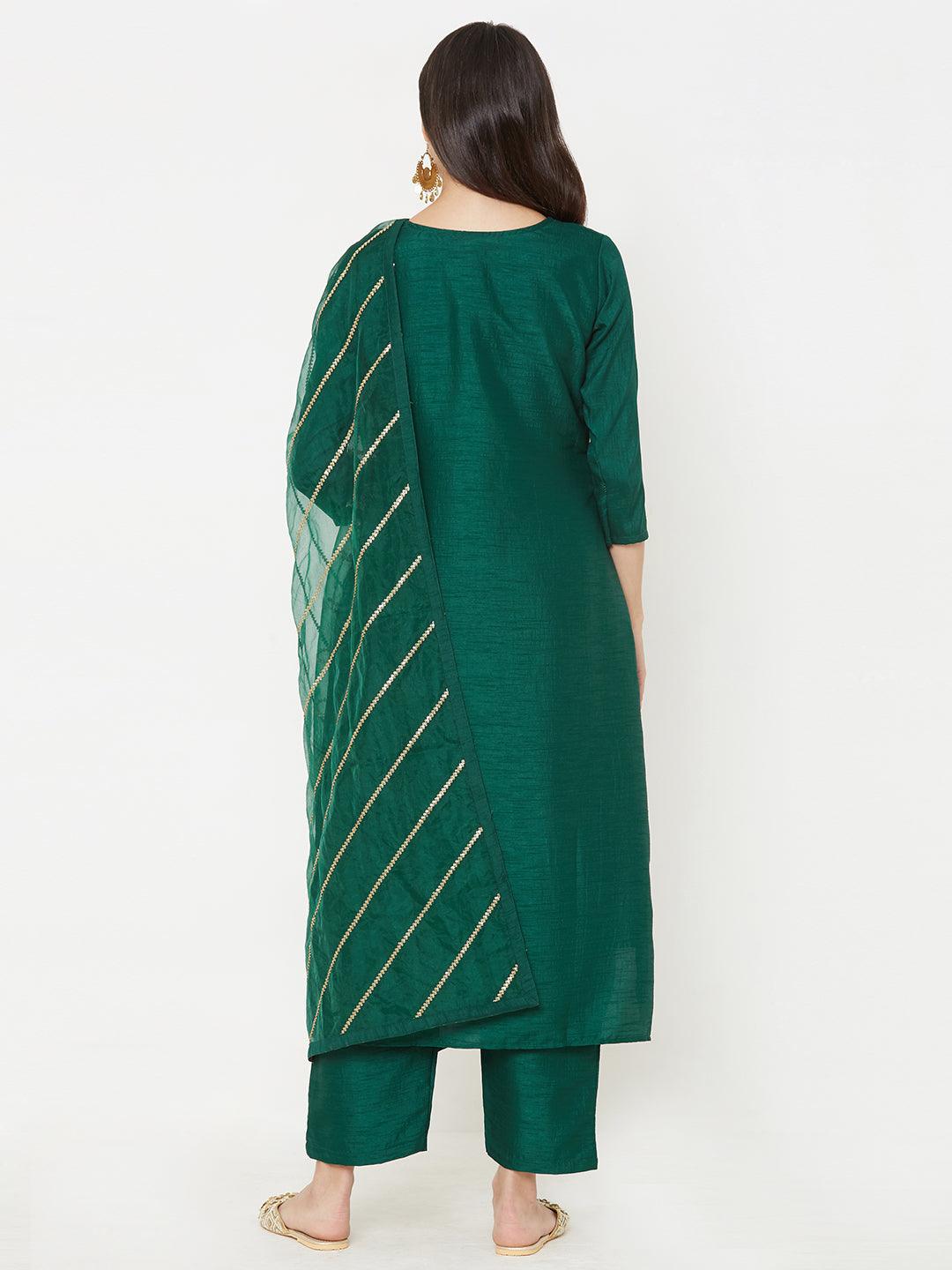 Heavy Embroidered Yoke with Solid Ankle Pant with embroidered Dupatta – Green - Indiakreations