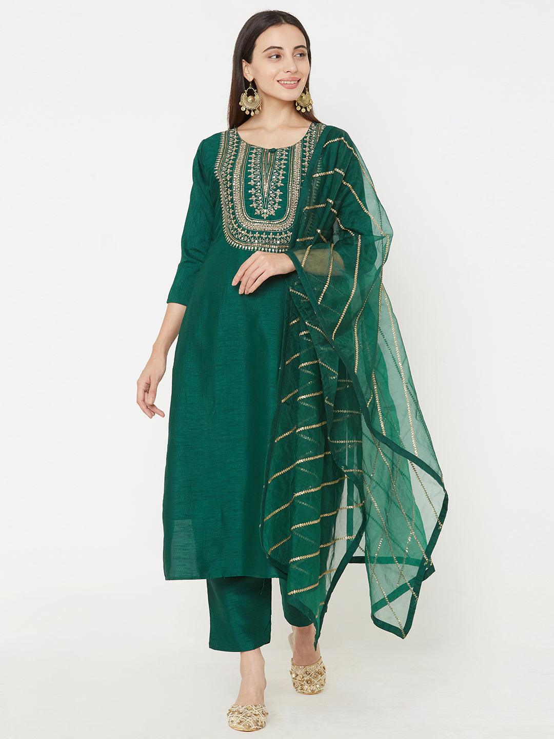 Heavy Embroidered Yoke with Solid Ankle Pant with embroidered Dupatta – Green - Indiakreations