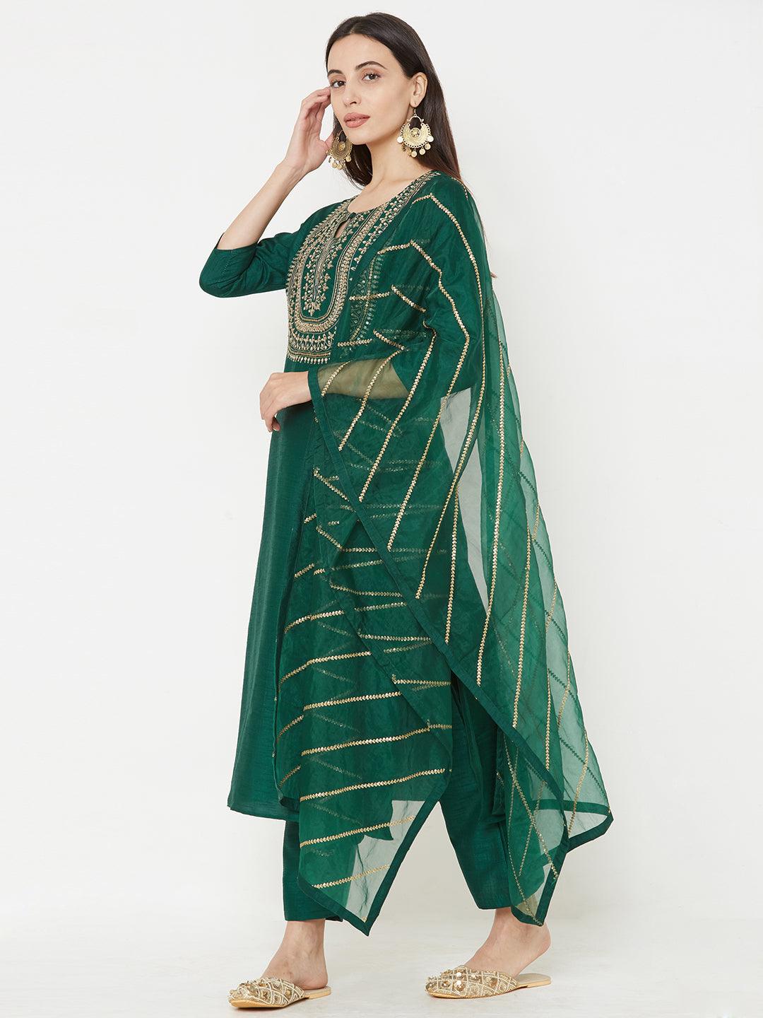 Heavy Embroidered Yoke with Solid Ankle Pant with embroidered Dupatta – Green - Indiakreations