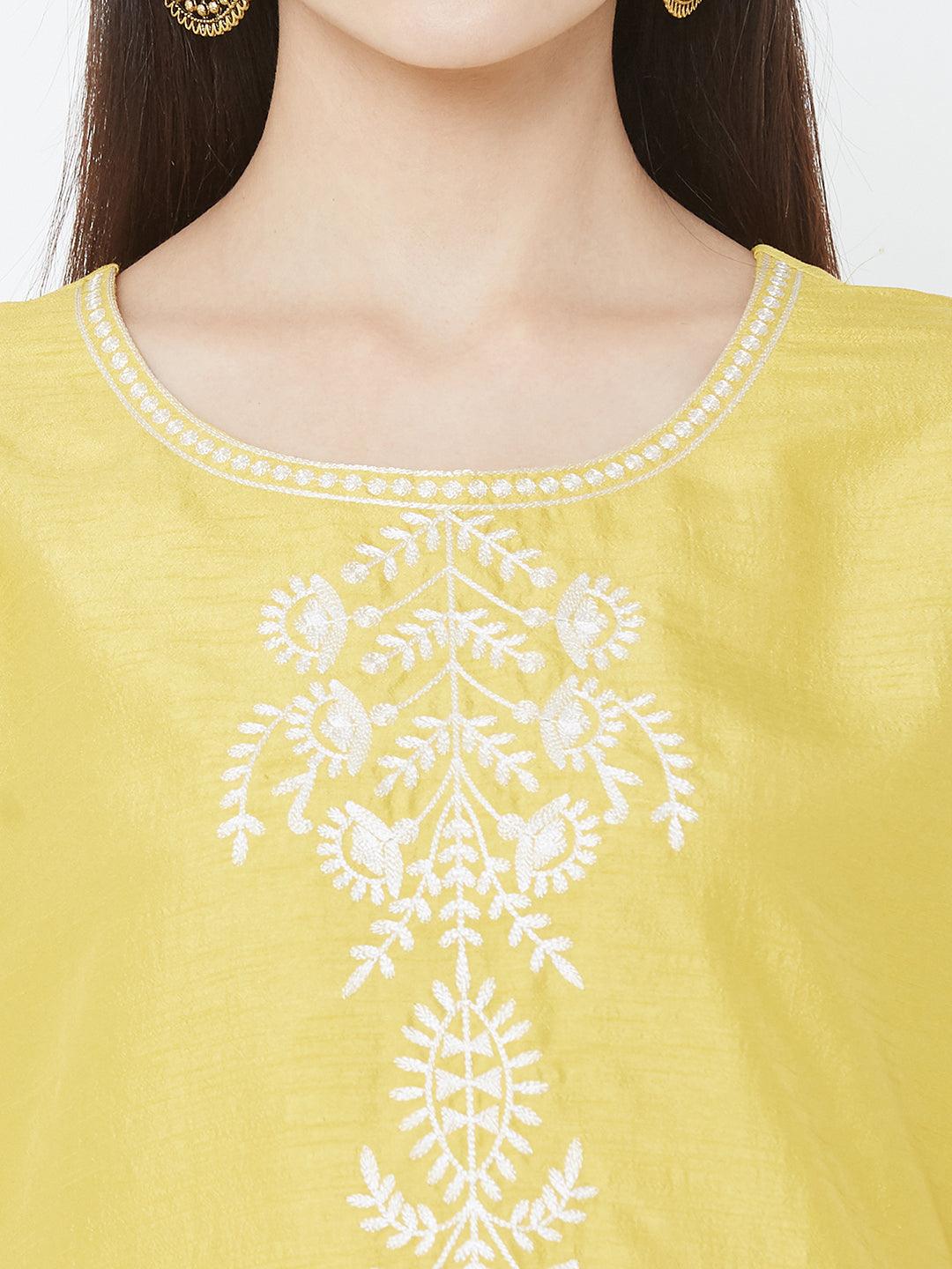 Floral Embroidered Kurta with Embroidered Pants and Solid Matching Dupatta – Yellow - Indiakreations