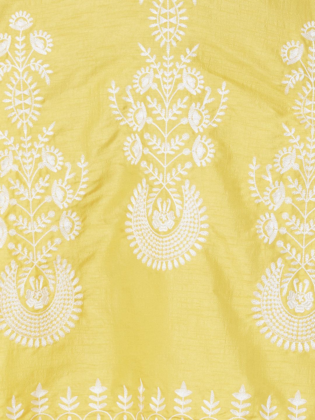 Floral Embroidered Kurta with Embroidered Pants and Solid Matching Dupatta – Yellow - Indiakreations