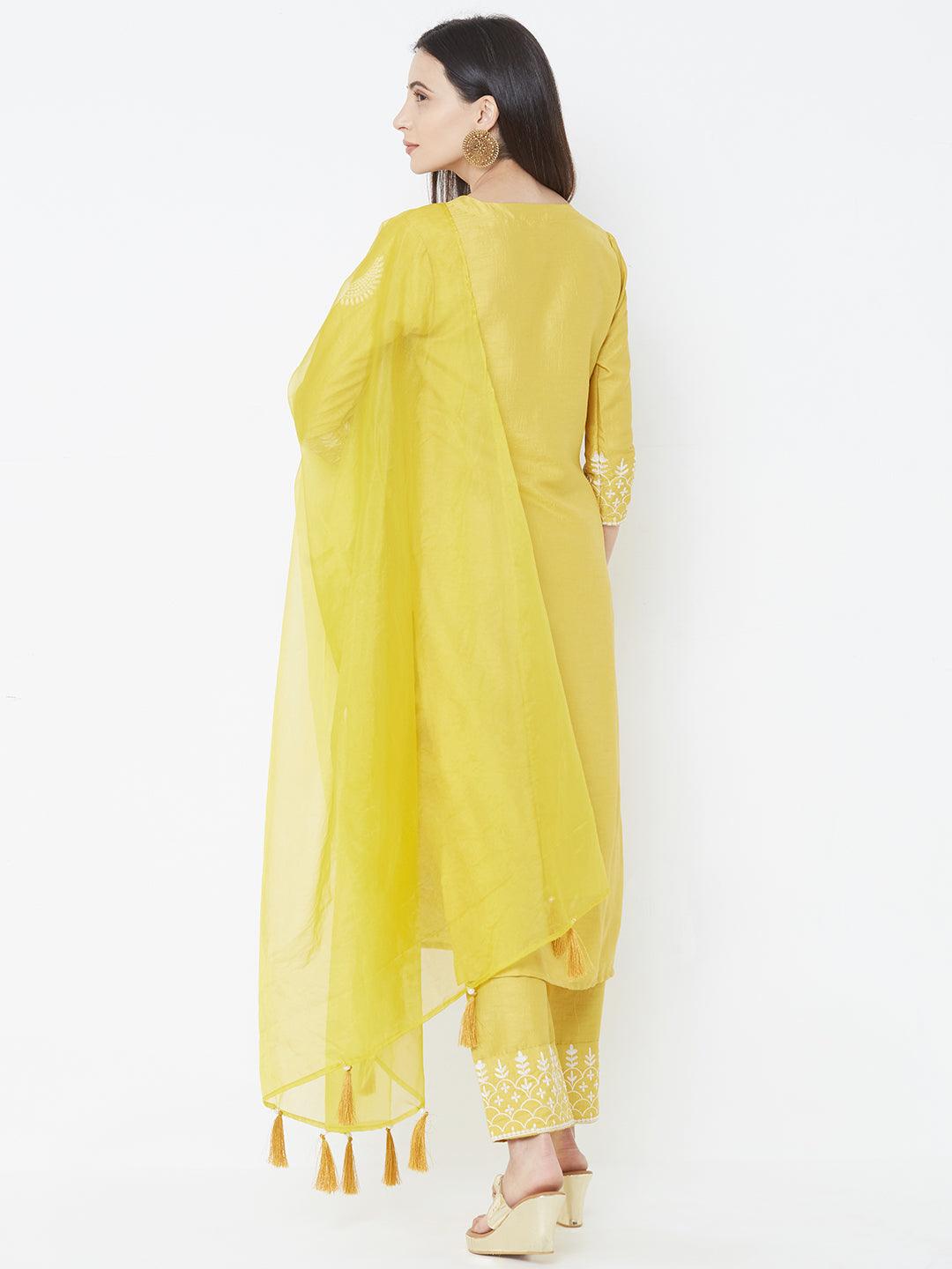 Floral Embroidered Kurta with Embroidered Pants and Solid Matching Dupatta – Yellow - Indiakreations