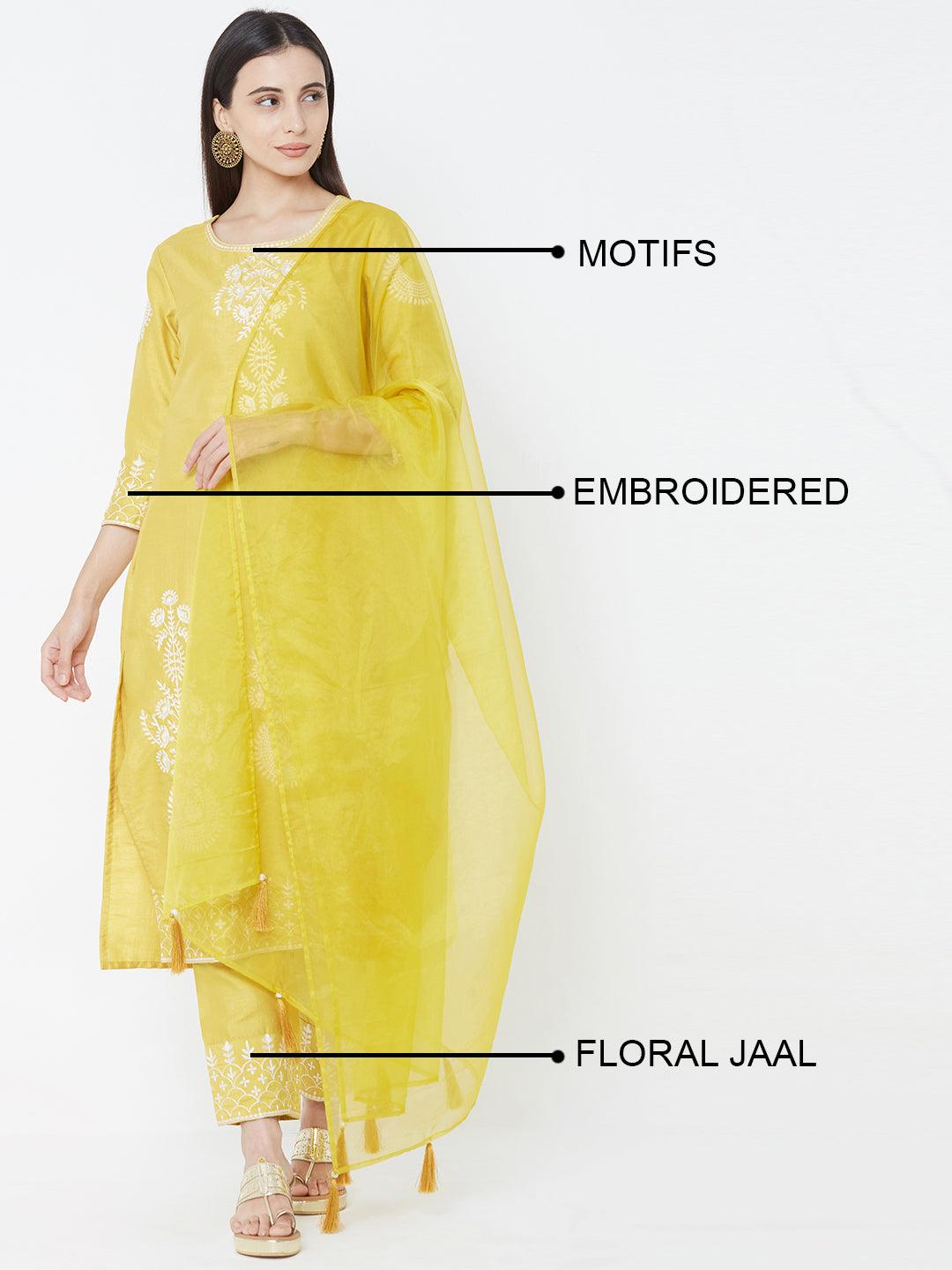 Floral Embroidered Kurta with Embroidered Pants and Solid Matching Dupatta – Yellow - Indiakreations