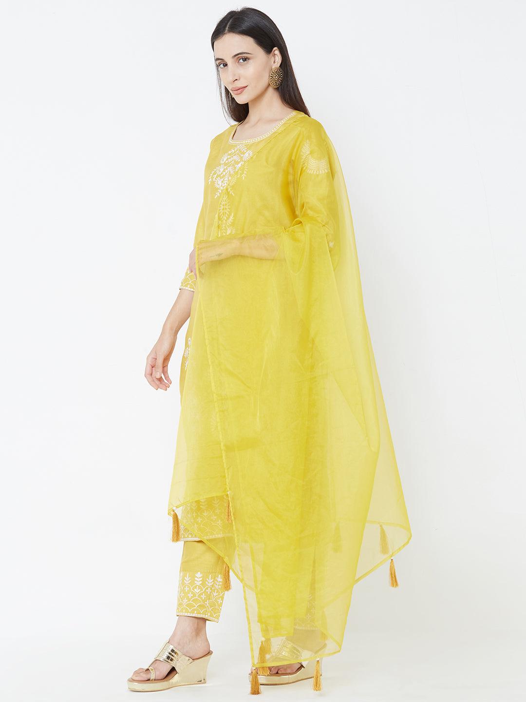 Floral Embroidered Kurta with Embroidered Pants and Solid Matching Dupatta – Yellow - Indiakreations