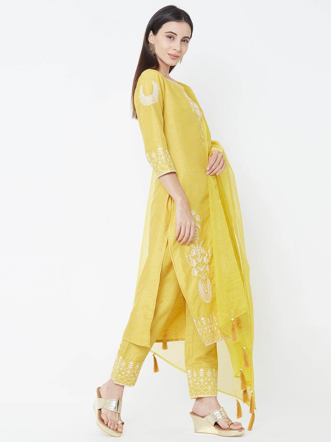 Floral Embroidered Kurta with Embroidered Pants and Solid Matching Dupatta – Yellow - Indiakreations