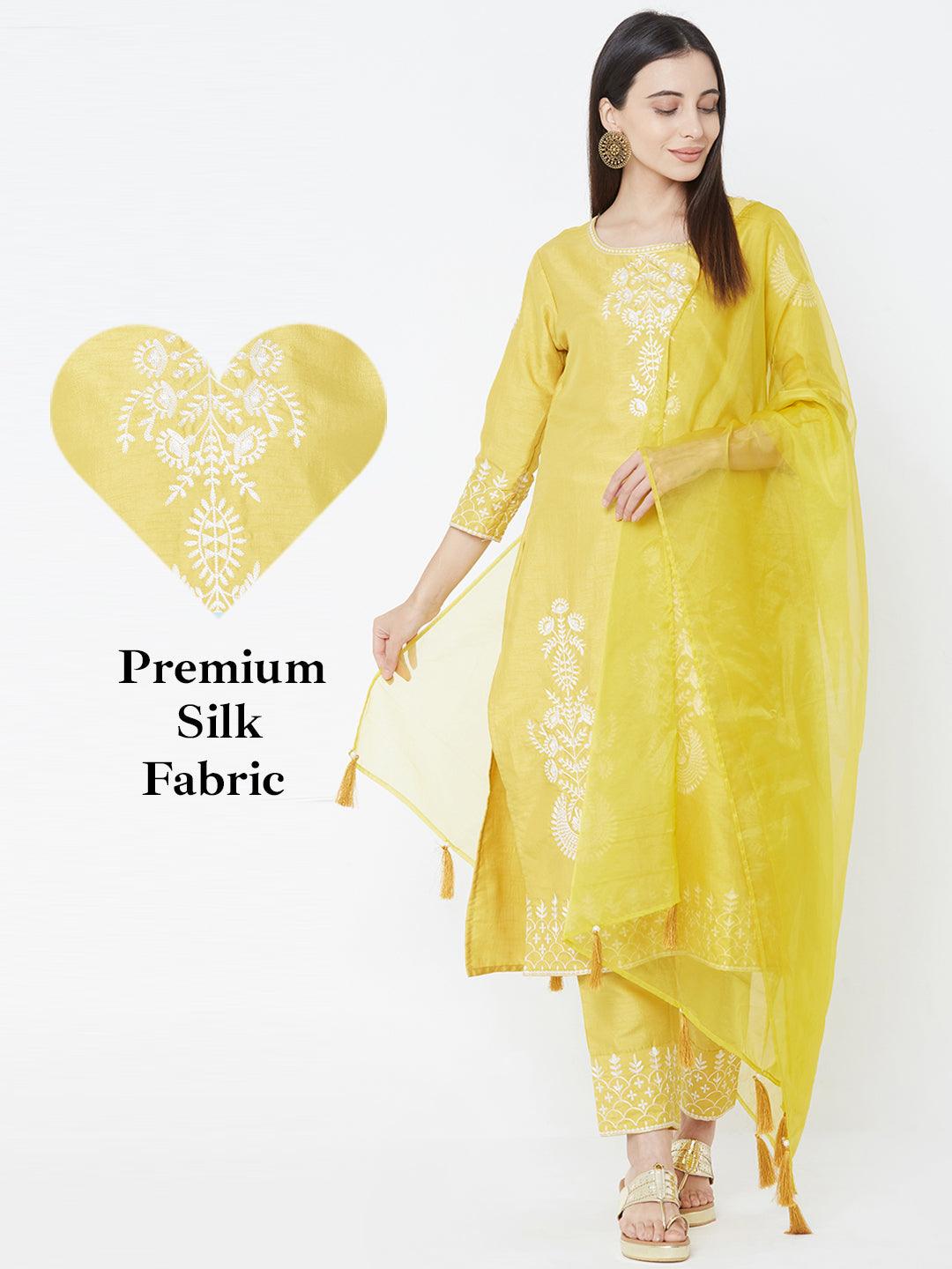 Floral Embroidered Kurta with Embroidered Pants and Solid Matching Dupatta – Yellow - Indiakreations