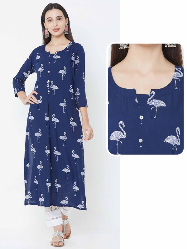 Bird Printed Straight Kurta - Blue - Indiakreations