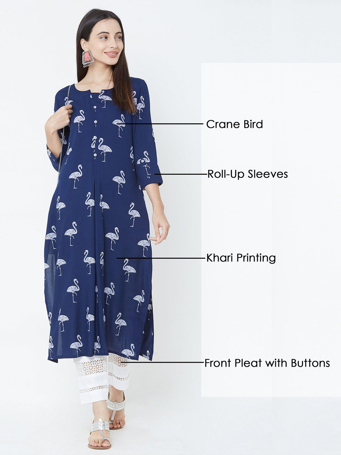 Bird Printed Straight Kurta - Blue - Indiakreations