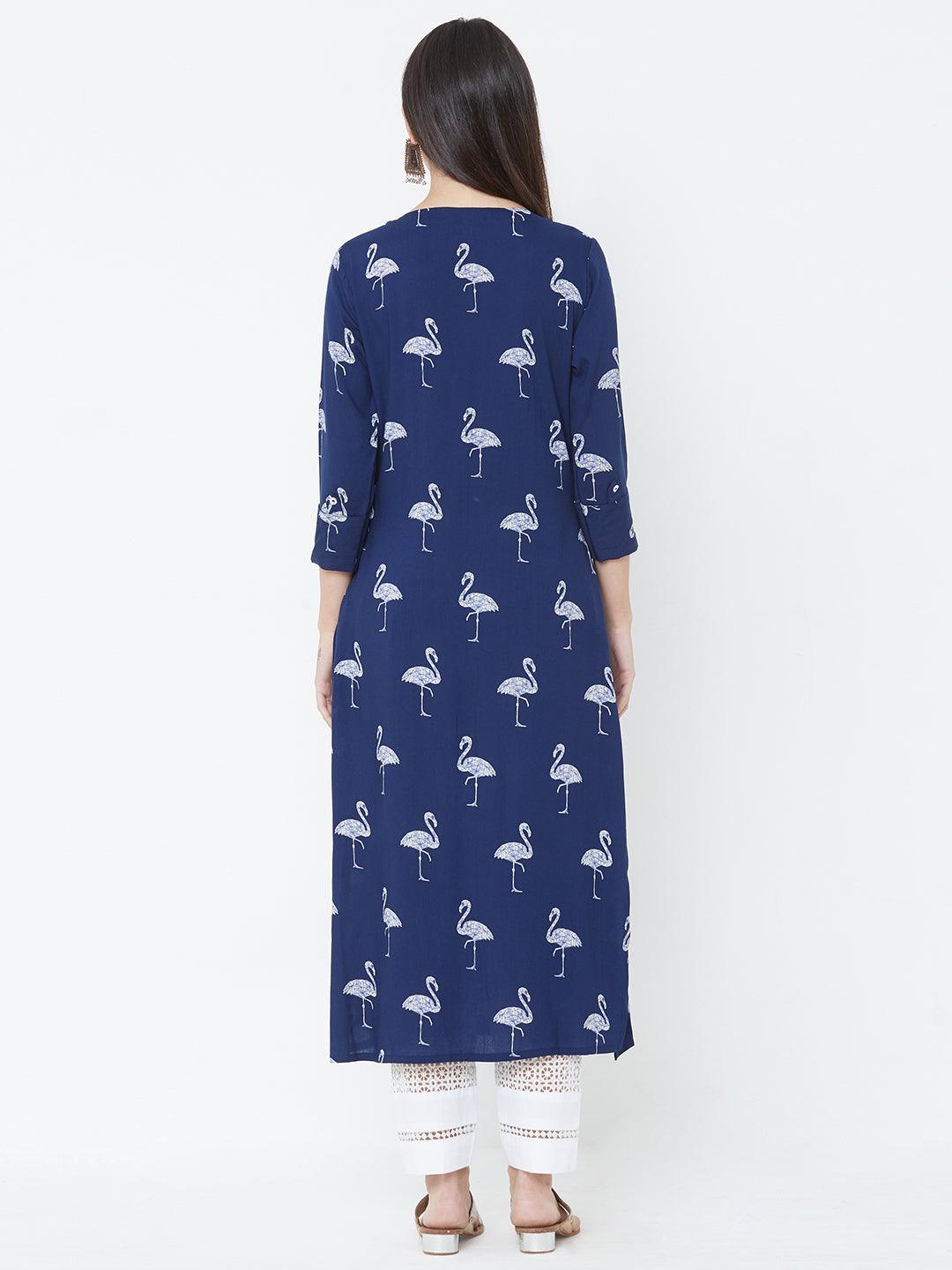 Bird Printed Straight Kurta - Blue - Indiakreations