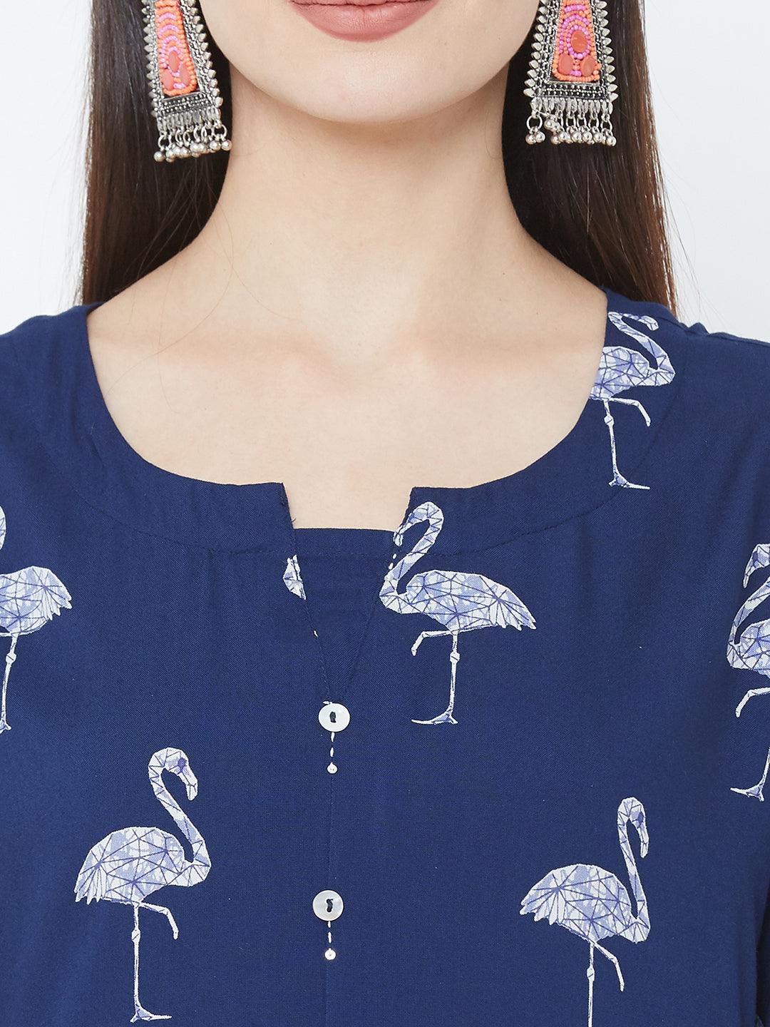 Bird Printed Straight Kurta - Blue - Indiakreations