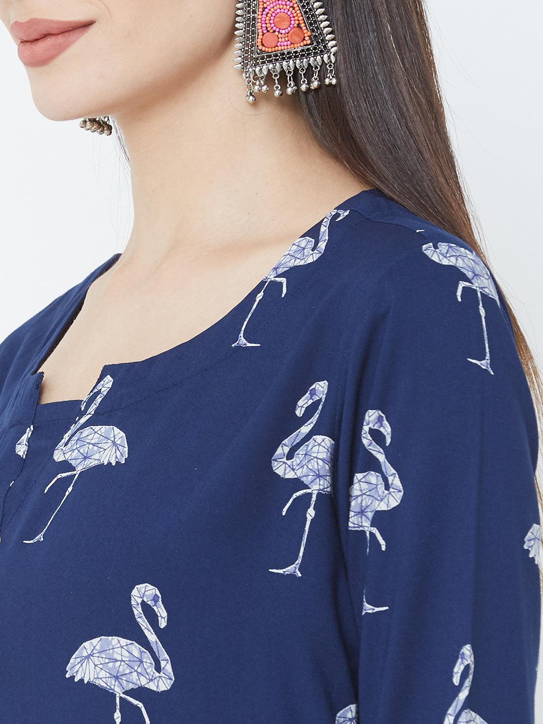 Bird Printed Straight Kurta - Blue - Indiakreations