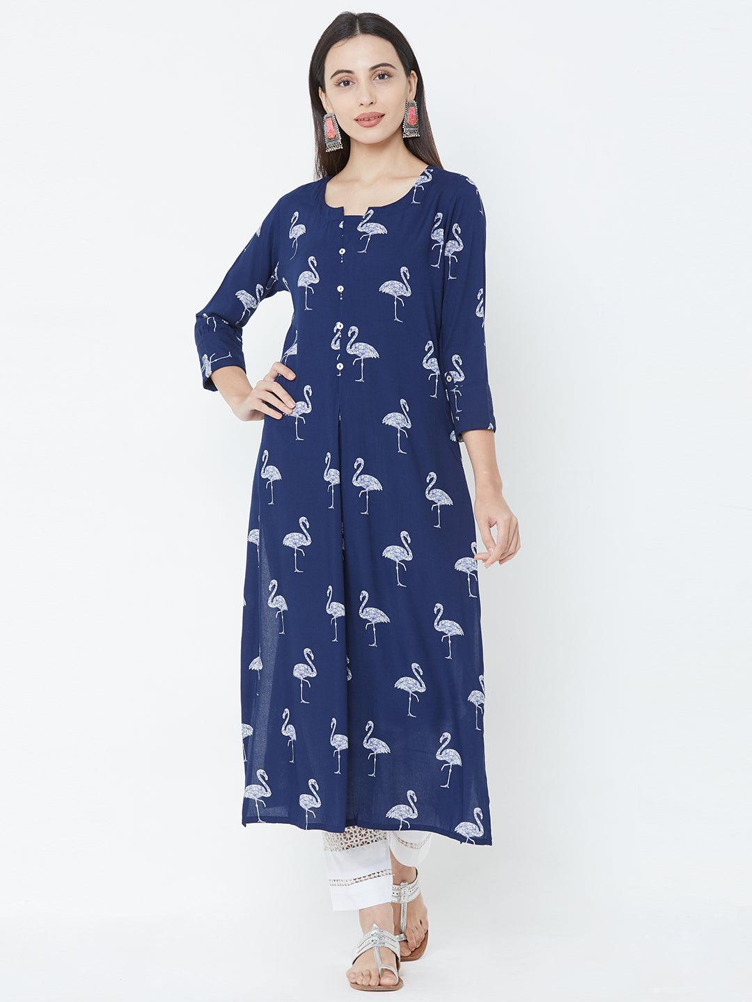 Bird Printed Straight Kurta - Blue - Indiakreations