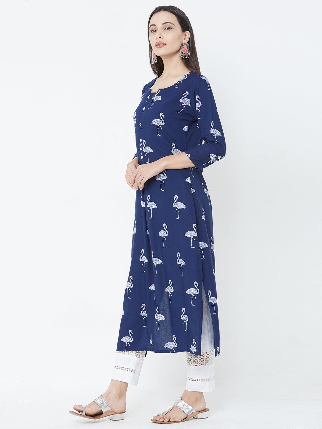 Bird Printed Straight Kurta - Blue - Indiakreations