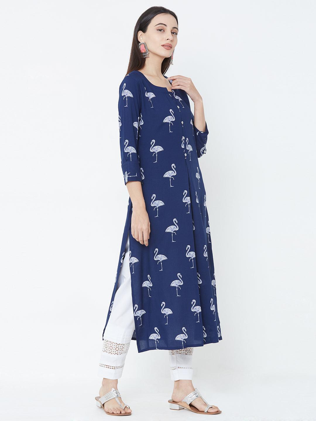 Bird Printed Straight Kurta - Blue - Indiakreations