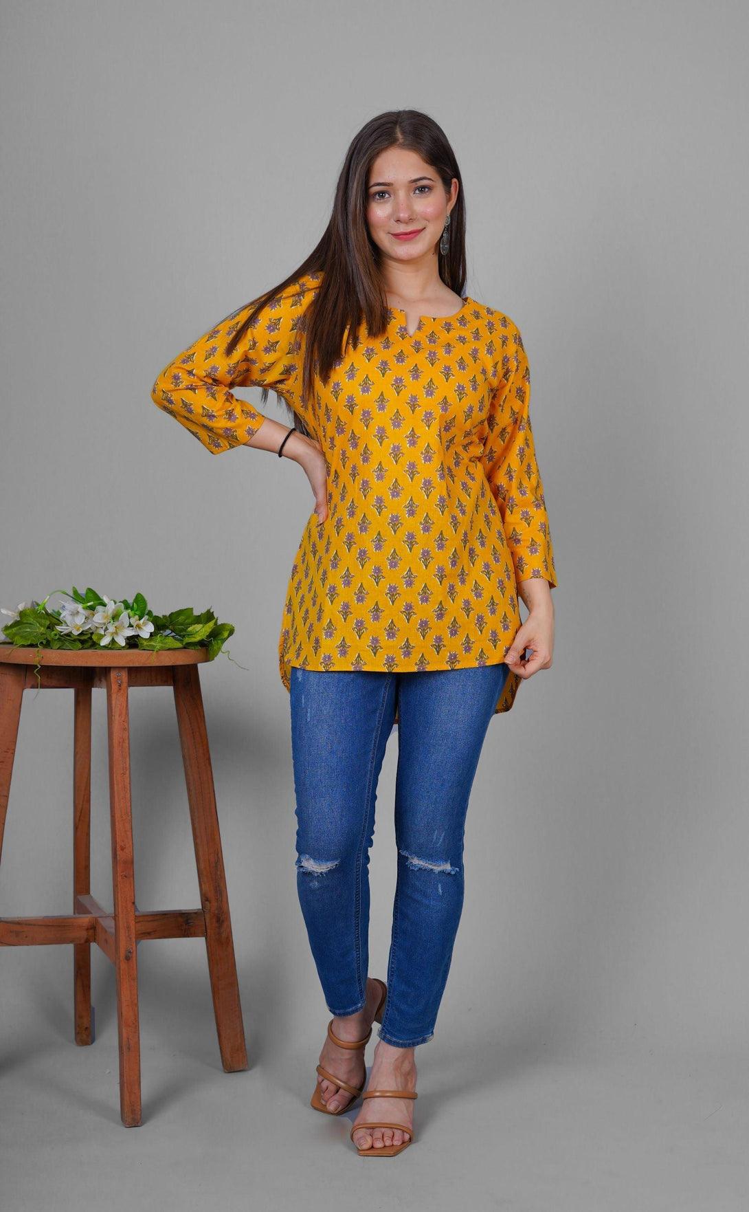 Women's Cotton Mustard Print Short Kurti - Noz2Toz - Indiakreations