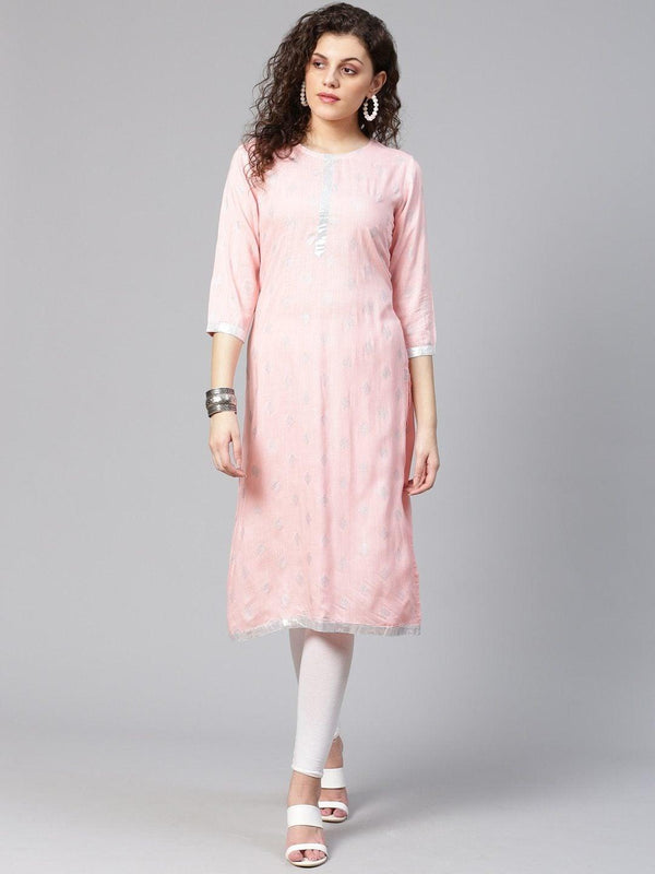 Women's Pink & Silver Gotta Patti Ethnic Printed Straight Kurta - Meeranshi - Indiakreations