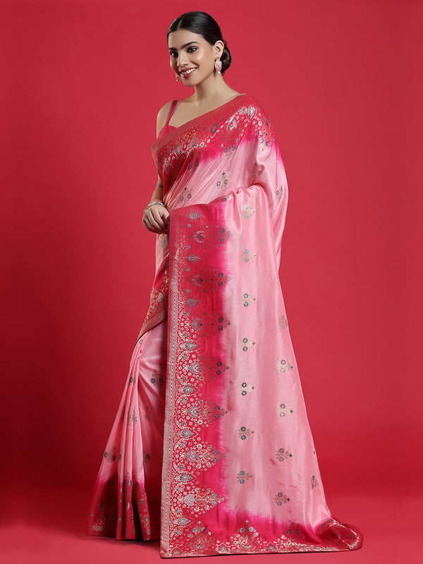 Alluring Pink Raw Silk Saree With Beautiful Red Border