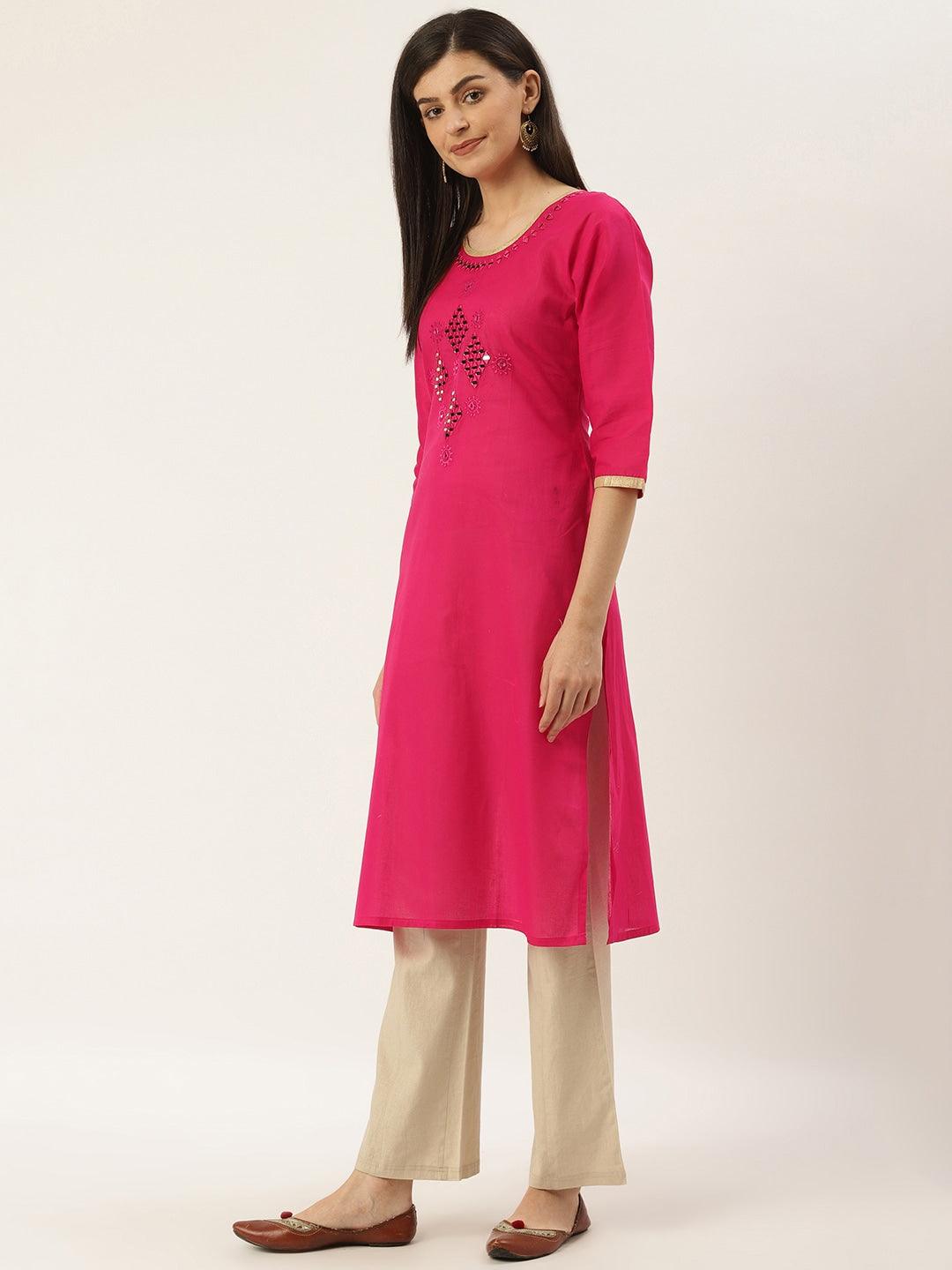 Women's Pink Yoke Design Straight Kurta - Noz2Toz - Indiakreations