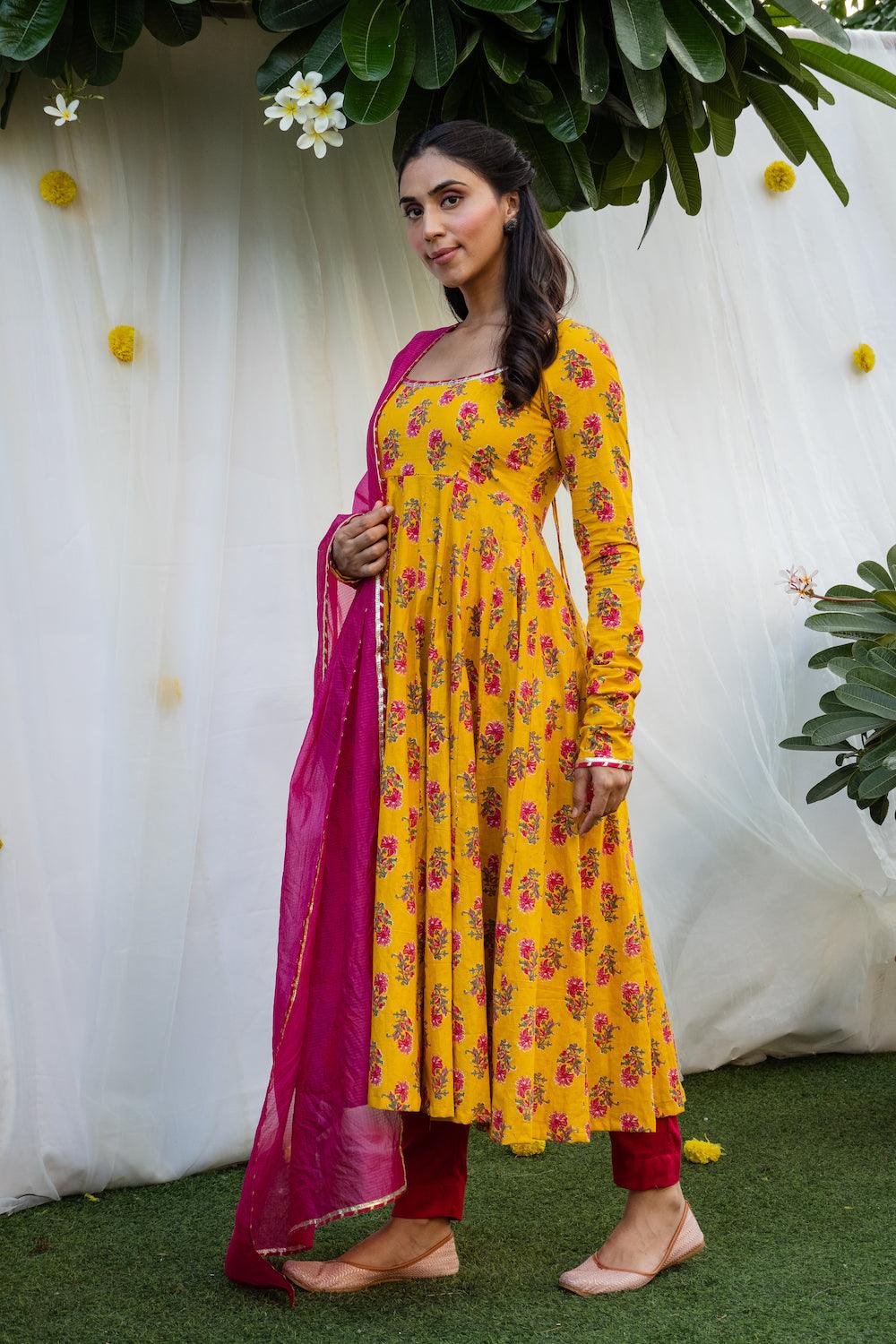 Mehfil Mustard Anarkali Set - Indiakreations