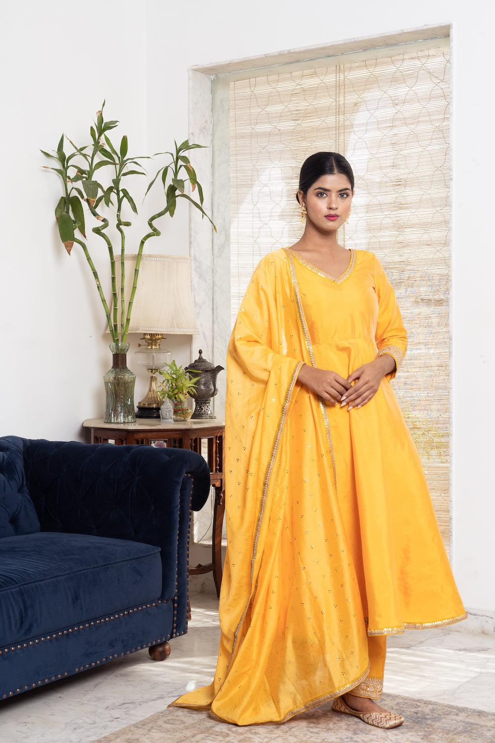 Khwabidah Mustard Anarkali Set of 3 - Indiakreations