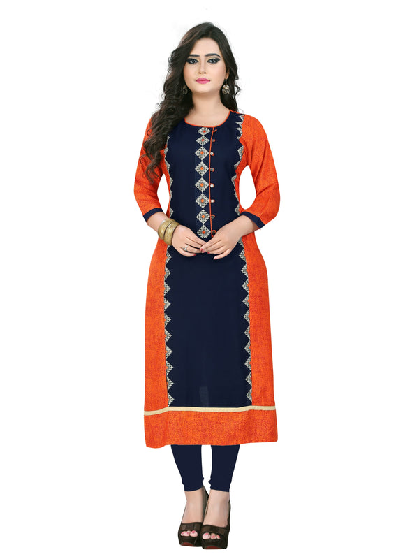 Women's Orange & Blue Rayon Kurta By Vbyuz (1Pc)