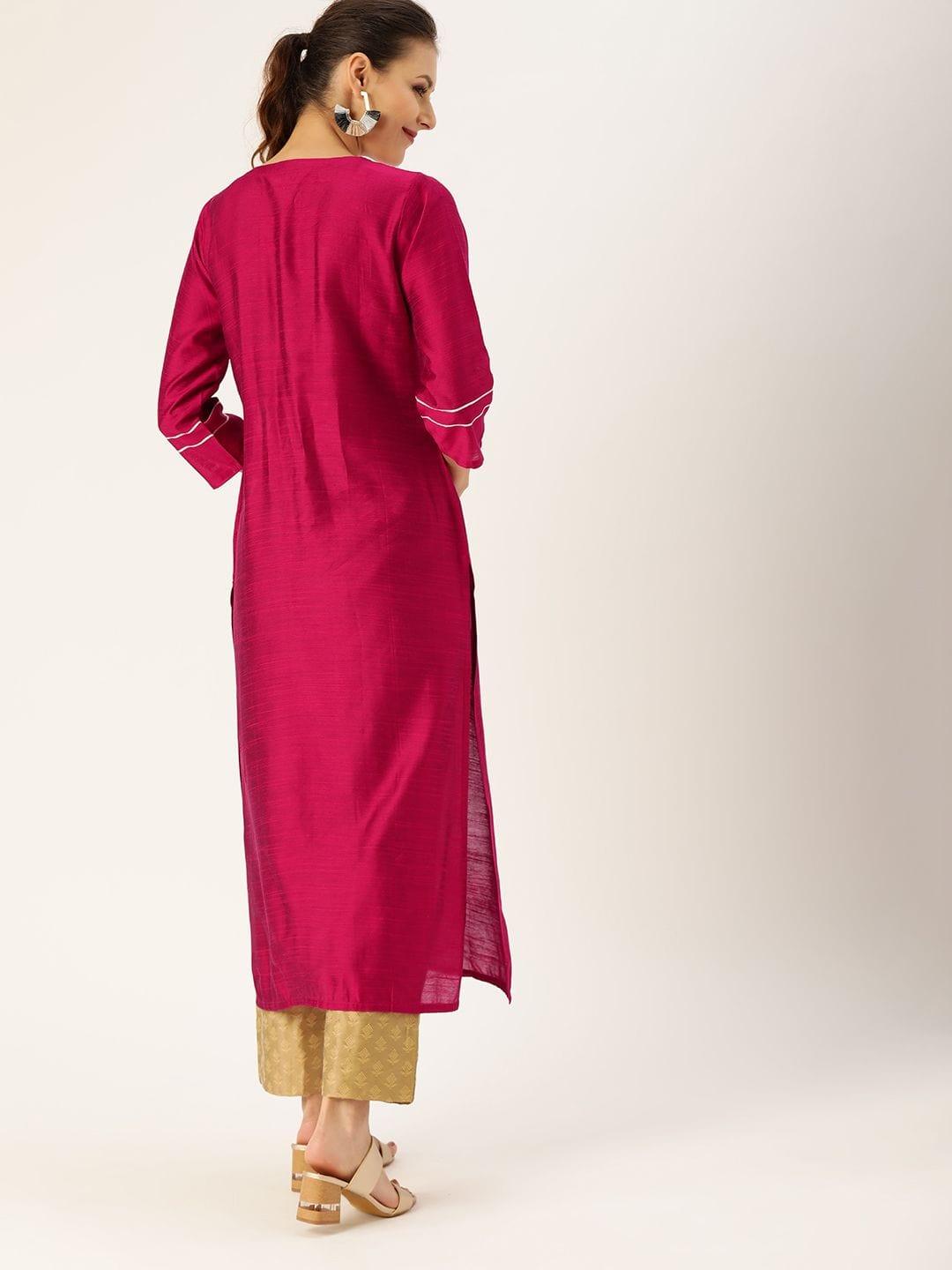 Women Magenta & White Embellished Straight Kurta - Indiakreations