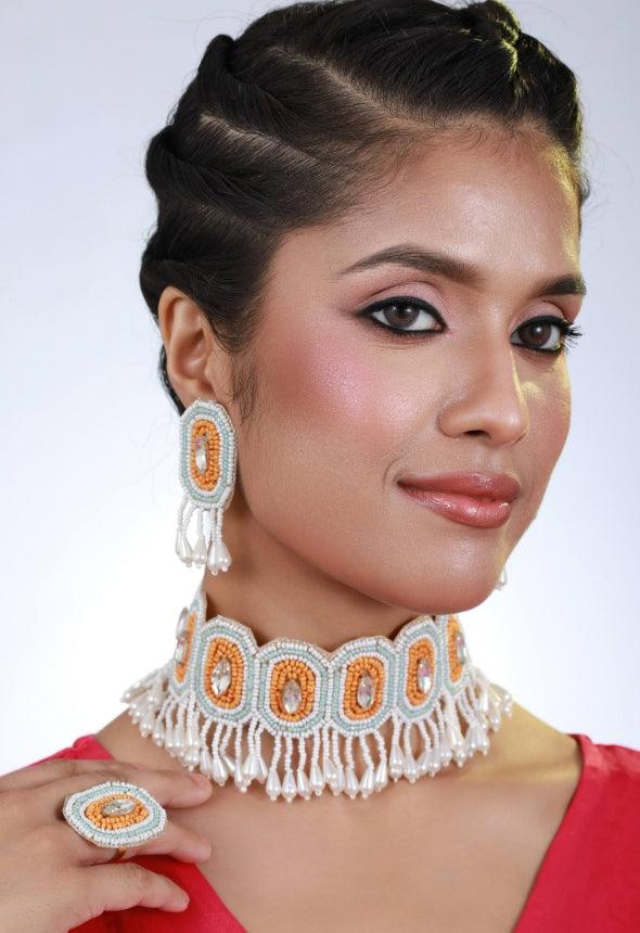 Women's White Crystal Studed Gold-Plated Orange Beaded & Handcrafted Jewellery Set With Ring - Jazz And Sizzle - Indiakreations