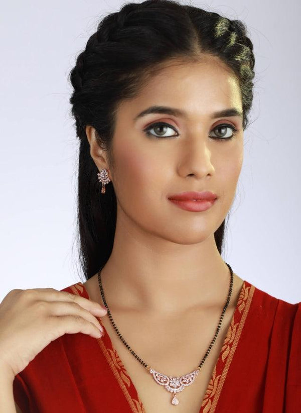 Women's Rose Gold-Plated Black Beaded & White Ad Stone-Studded Mangalsutra With Earrings - Jazz And Sizzle - Indiakreations