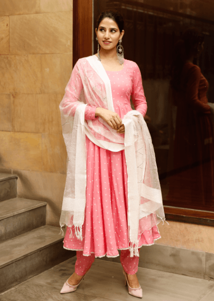 Women's Pink polka print kurta dupatta set - Indiakreations