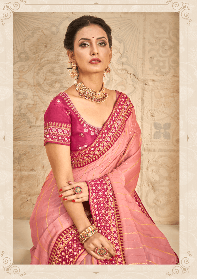 Gorgeous Trendy Patterned Organza Designer Saree In Peach - Indiakreations