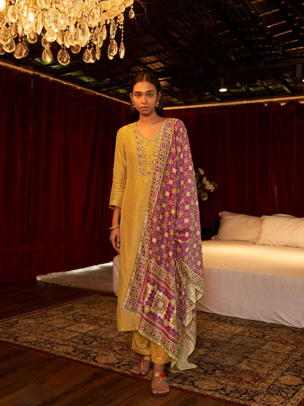 Yellow & Purple Patola Kurti Pant Set In Pure Dola Silk With Intricate Embroidery