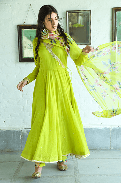 Bhanvara Neon Green Anarkali with printed palazzo and dupatta - Set of 3 - RTS - Indiakreations