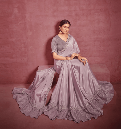 Trendy Designer Crepe Silk Georgette Saree In Lavender - Indiakreations
