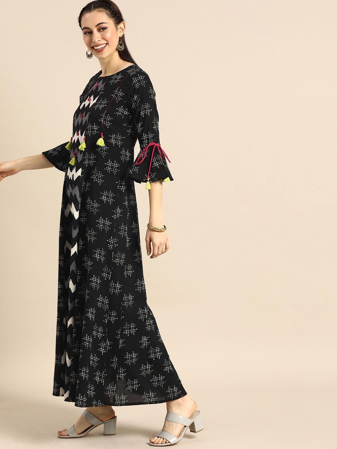 Black & White Printed Bell Sleeves Anarkali Kurta - Indiakreations