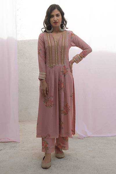 Ambara Soft Pink digital printed yoke kurta with palazzo and mint dupatta - RTS - Indiakreations