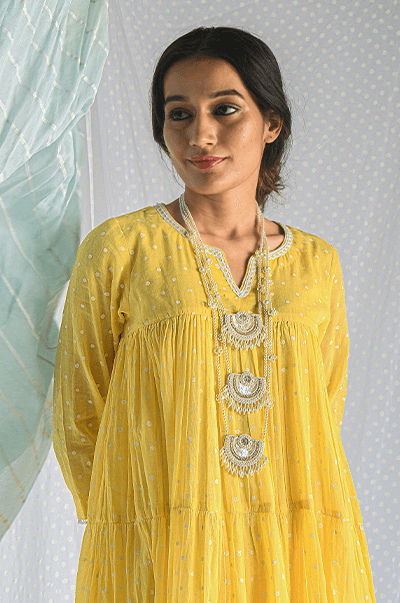 Chhaya Yellow Dot Printed Anarkali with Pant - Set 2 - Indiakreations