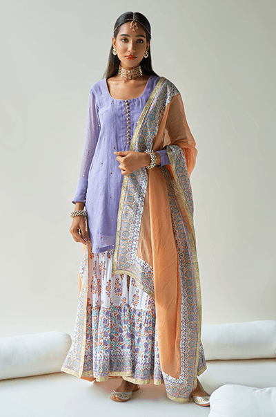 Chaand Lilac Kurta with jaal & booti block printed sharara and Dupatta- Set of 3 RTS - Indiakreations