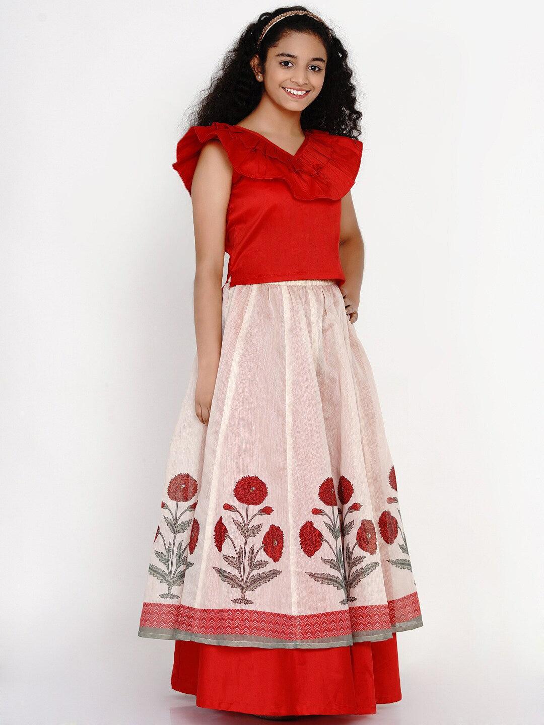 Girl's Red & Off White Block Print Ready to Wear Lehenga Choli - NOZ2TOZ KIDS - Indiakreations