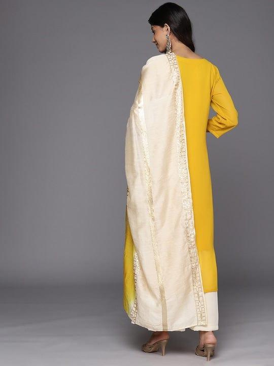 Varanga Yellow Embroidered Regular Sequinned Silk Georgette Kurta With Sharara & Dupatta - Indiakreations