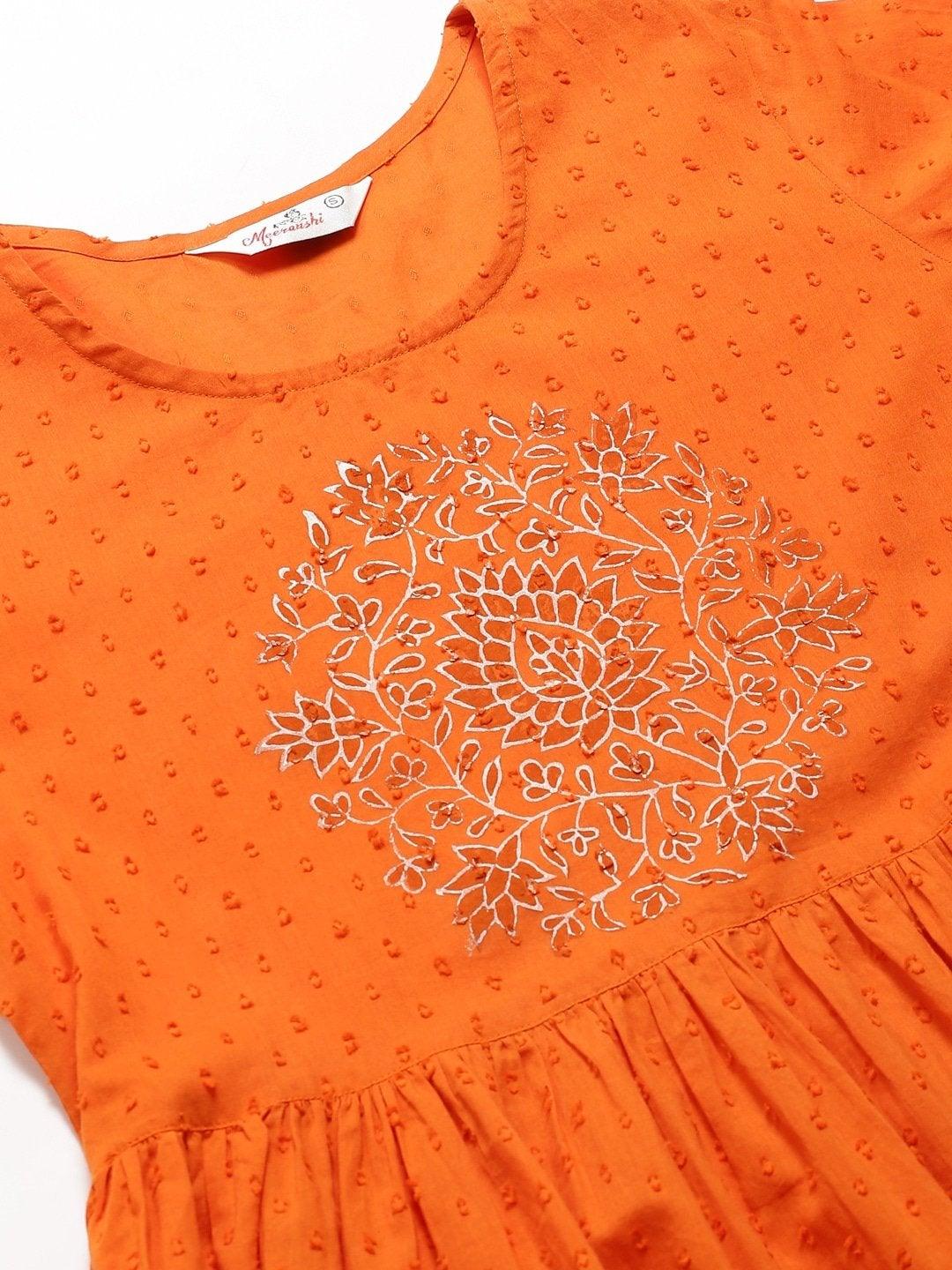 Women's Orange Pom-Pom Detail Woven Design High-Low A-Line Kurta - Meeranshi - Indiakreations