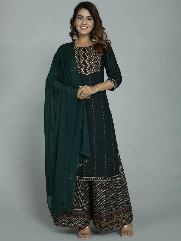 Women's Green Ethnic Motifs Embroidered Panelled Kurta With Sharara & With Dupatta - Noz2Toz - Indiakreations